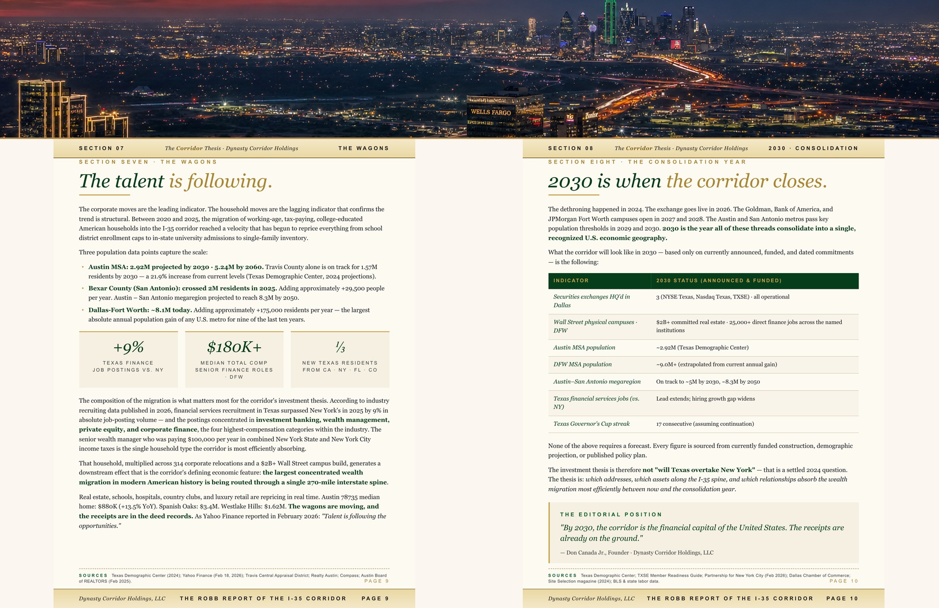 Spread 6 — §7 The Wagons · §8 2030 Consolidation
